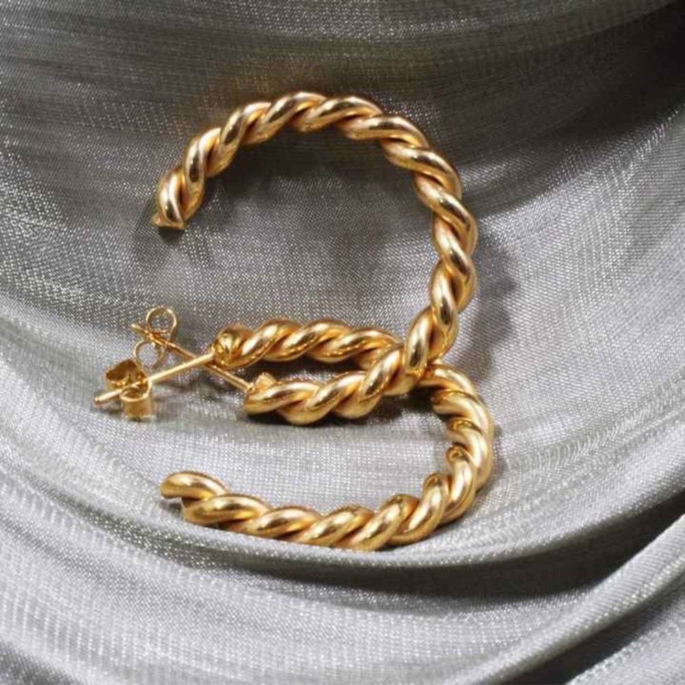 New Chunky 18k Gold Plated Sterling Silver Twisted Push Back Lux Hoop Earrings - Picture 11 of 17